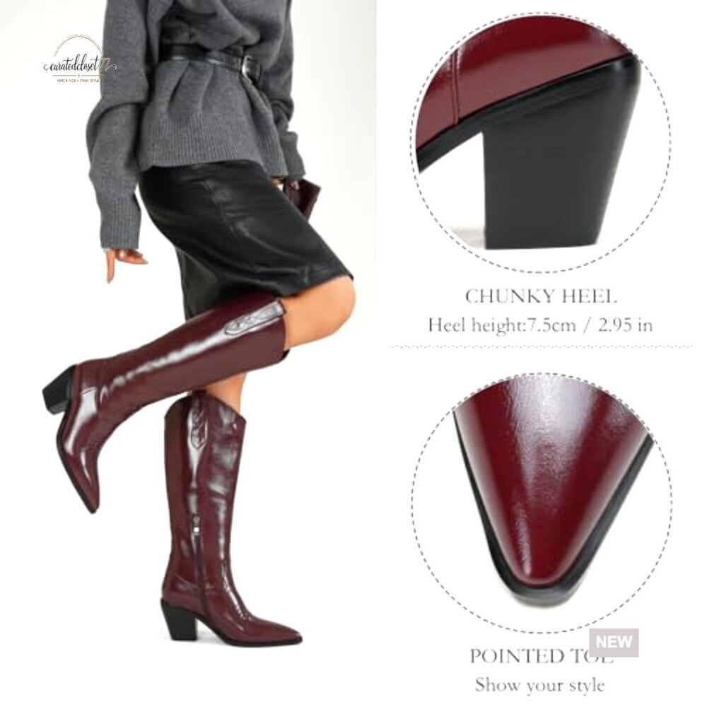 Women's Knee High Cowboy Boots Chunky Heel Side Zipper Western Style - Picture 6 of 7